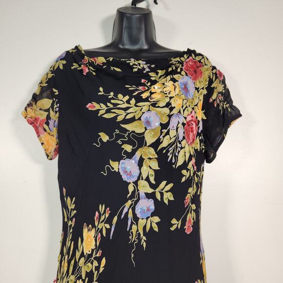 PARADISE NY Vtg 90s Y2K Maxi Dress Womens 12 Black Multi Floral Sequins Cottage - Picture 7 of 12